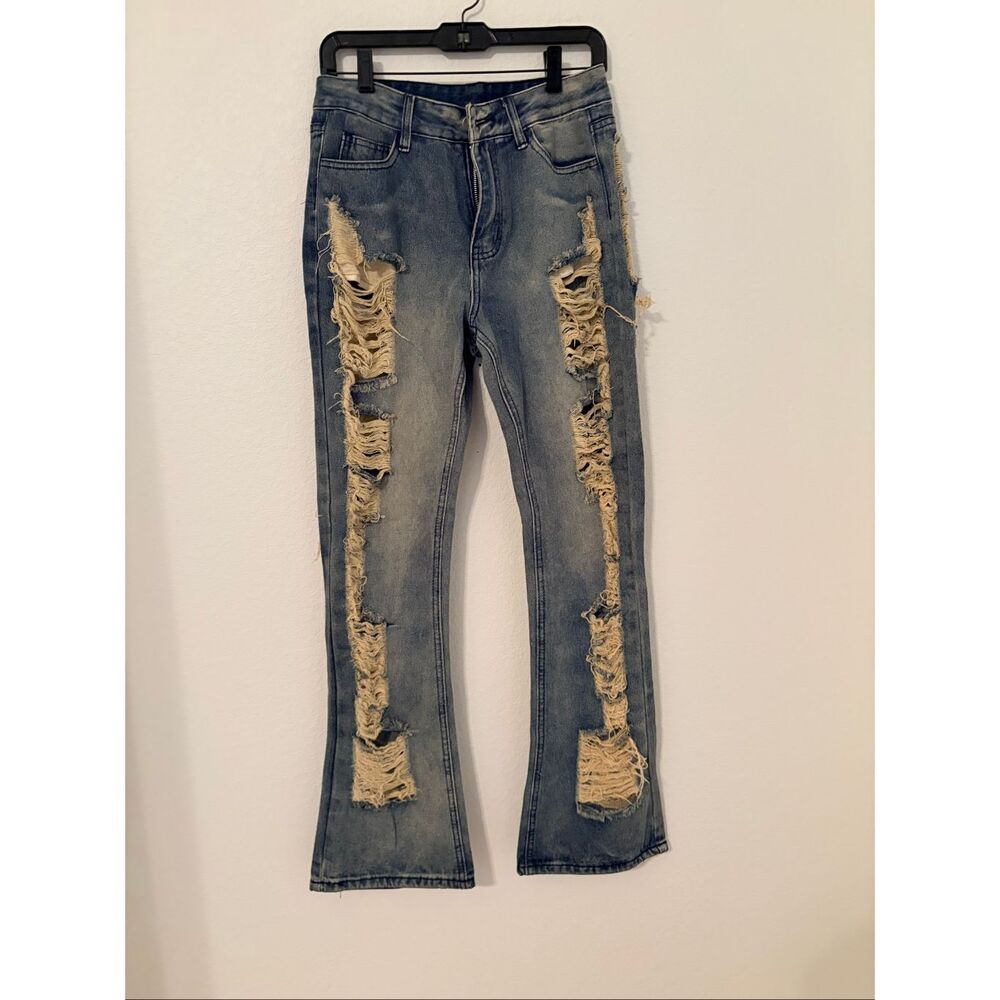 Women’s Distressed Flare Jeans Medium Light Wash Ripped Shredded Y2K Boho Size M
